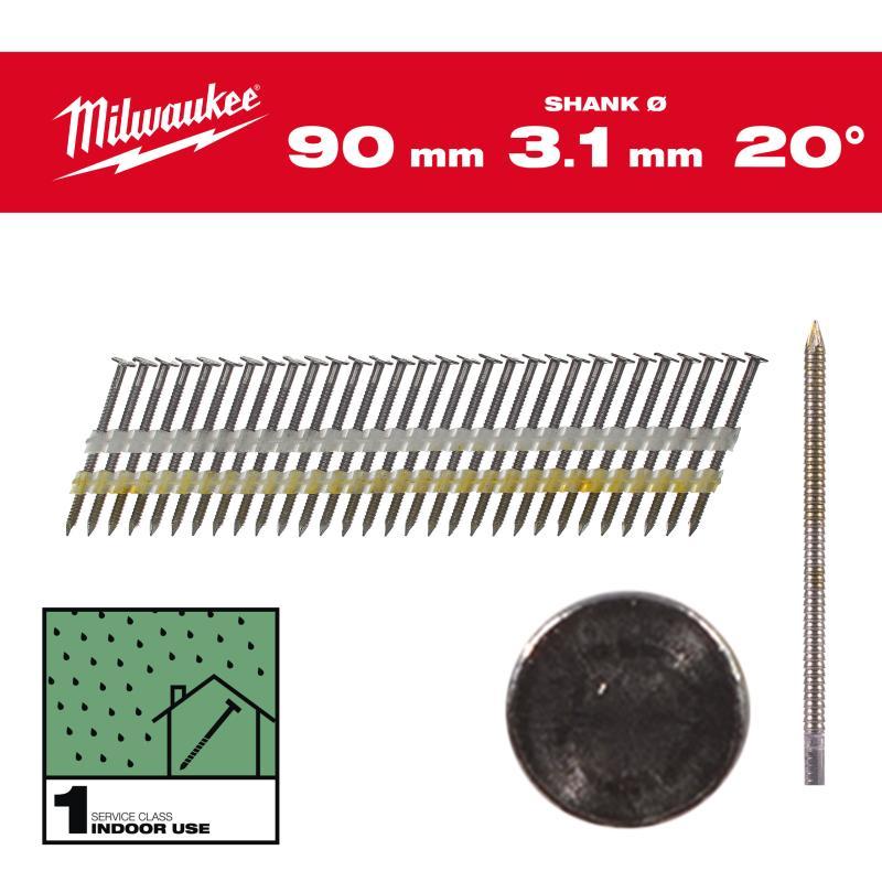 Chiodi 20° Testa Rotonda 1 - Milwaukee — CHIODI T.R.20 7.4x3.1/90mm/RS/B/SC1 1750pz