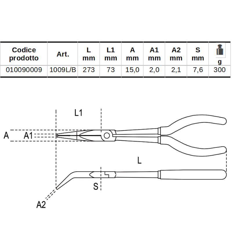 Pinza A Becchi Mezzotondi Lunghissimi Zigrinati Piegati A 45° Per Impieghi Speciali Manici Ricoperti Con 2 Strati Di Pvc Antiscivolo 1009L/B Beta 010090009