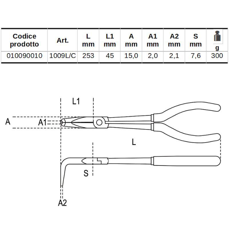 Pinza A Becchi Mezzotondi Lunghissimi Zigrinati Piegati A 90° Per Impieghi Speciali Manici Ricoperti Con 2 Strati Di Pvc Antiscivolo 1009L/C Beta 010090010
