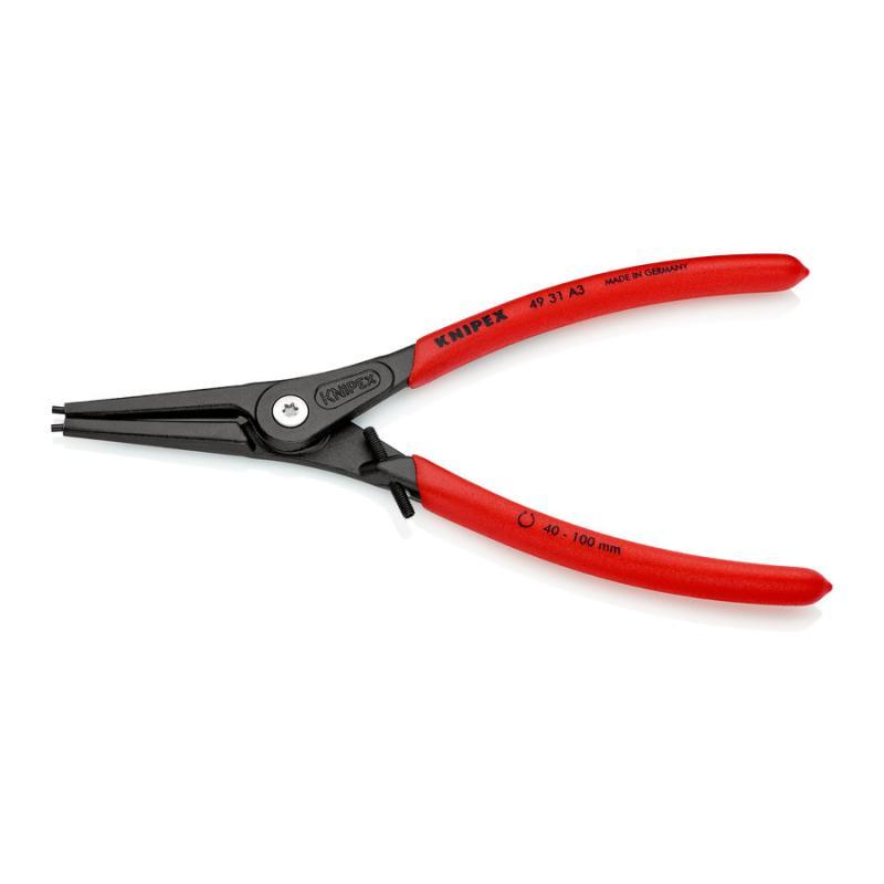 KNIPEX 49 31 A3 Pinza di precisione per anelli di sicurezza per anelli di sicurezza esterni su alberi con meccanismo di limitazione apertura/chiusura pinza rivestiti in resina sintetica antiscivolo bonderizzata grigia 225 mm