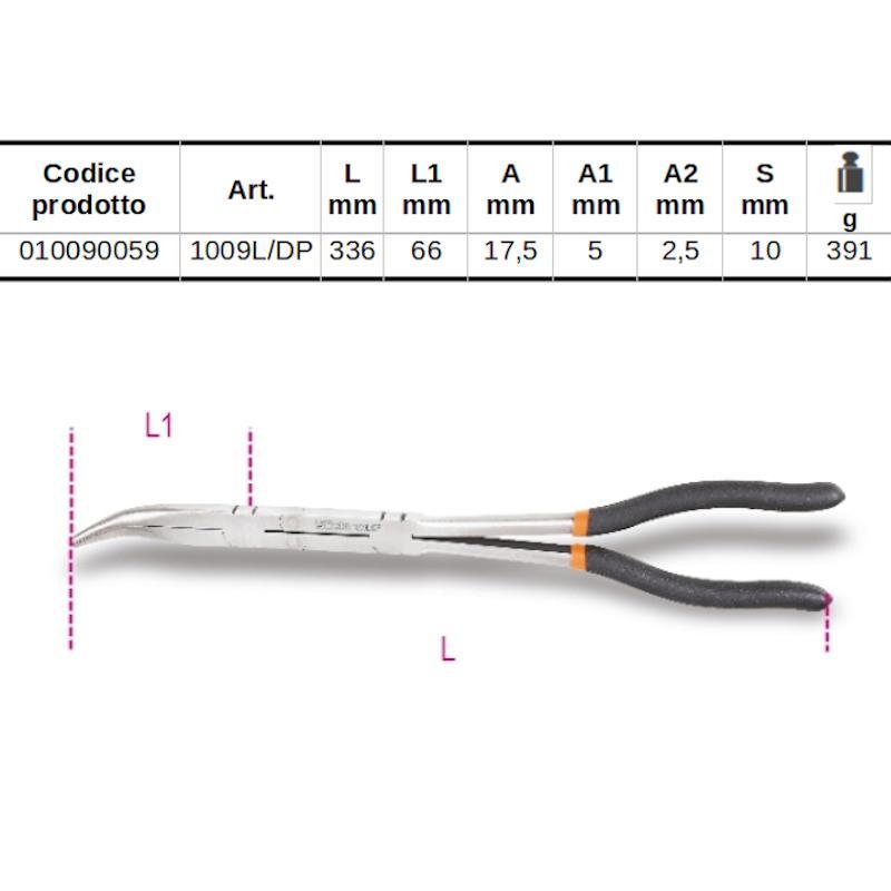 Pinza A Becchi Mezzotondi Lunghissimi Zigrinati Piegati A 45°, Con Doppio Snodo Manici Ricoperti Con 2 Strati Di Pvc Antiscivolo 1009L/DP Beta 010090059