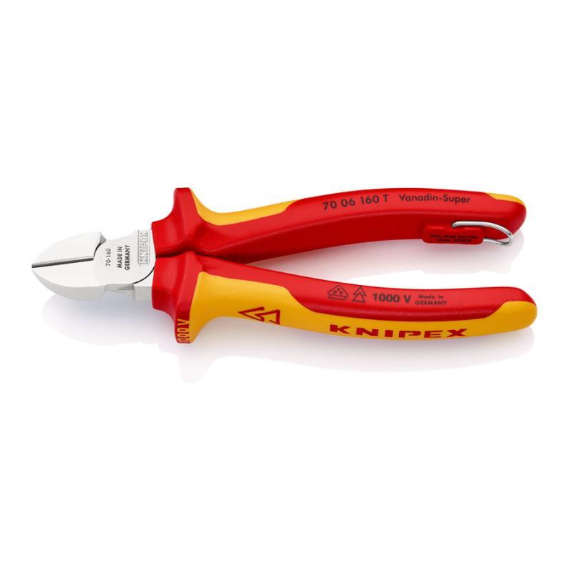 KNIPEX 70 06 160 T Tronchese laterale isolante con manici rivestiti in materiali bicomponente, collaudati VDE; con anello di fissaggio isolante incorporato per agganciare una protezione anticaduta cromata 160 mm