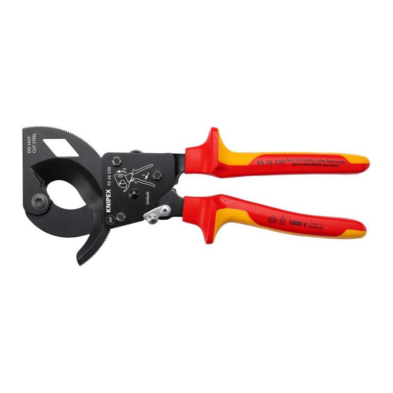 KNIPEX 95 36 250 Cesoia a cremagliera (sistema a cricchetto) isolati con manici rivestiti in materiale bicomponente, collaudati VDE atramentata nera 250 mm in blister