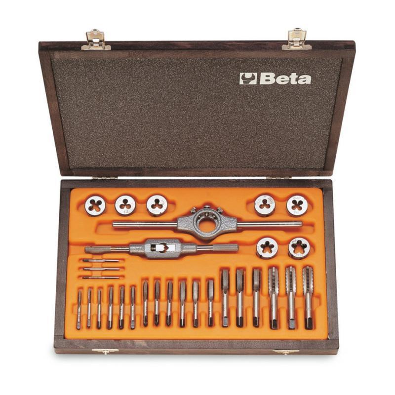 Assortimento Di Maschi E Filiere Con Accessori In Acciaio Al Cromo Filettatura Metrica In Cassetta Di Legno 446/C30 Beta 004460055