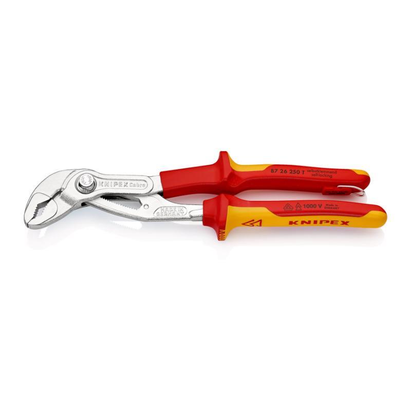 KNIPEX 87 26 250 T Cobra® VDE Pinza regolabile di nuova generazione per tubi e dadi, isolata isolati con impugnature bicomponente e anello di fissaggio integrato, testato VDE cromata 250 mm