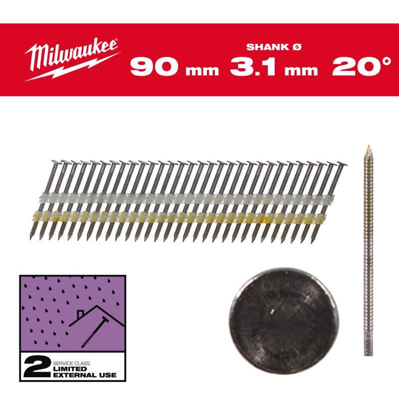 Chiodi 20° Testa Rotonda 1 - Milwaukee — CHIODI T.R.20 7.4x3.1/90mm/RS/B/SC2 1750pz