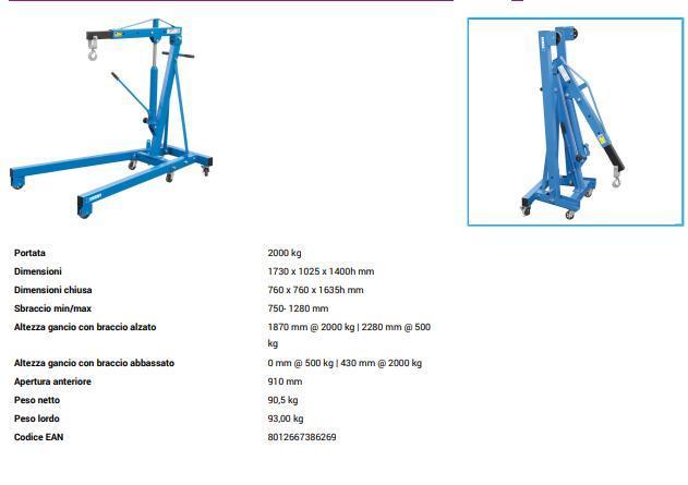 Gruetta Idraulica Pieghevole - Portata 2000 kg FERVI 0021/2