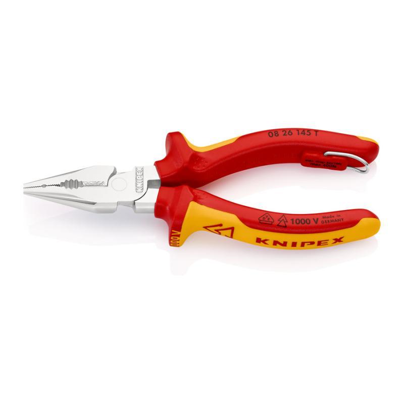 KNIPEX 08 26 145 T Pinza universale con testa a punta isolante con manici rivestiti in materiali bicomponente, collaudati VDE; con anello di fissaggio isolante incorporato per agganciare una protezione anticaduta cromata 145 mm