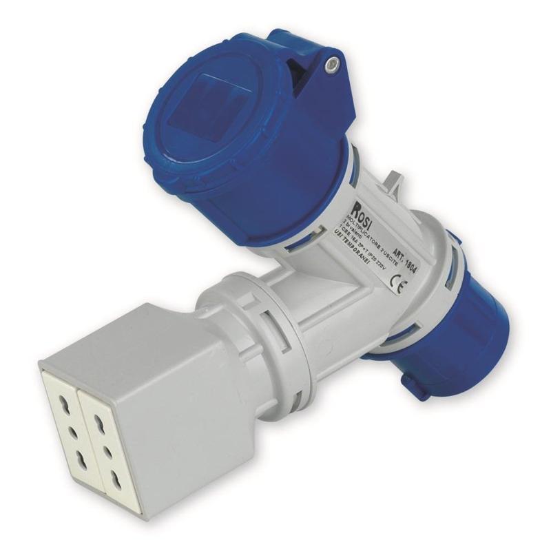 Moltiplicatore Adattatore Mobile A 2 Uscite Con Spina 16A 3P 220V - 1 Presa 3P 16A 220V e 2 Prese Biv.