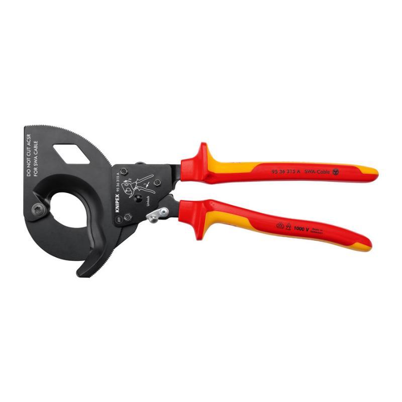 KNIPEX 95 36 315 A Cesoia a cremagliera (sistema a cricchetto) per cavo a nastro d'acciaio (cavo SWA) isolati con manici rivestiti in materiale bicomponente, collaudati VDE verniciata nera 315 mm in blister
