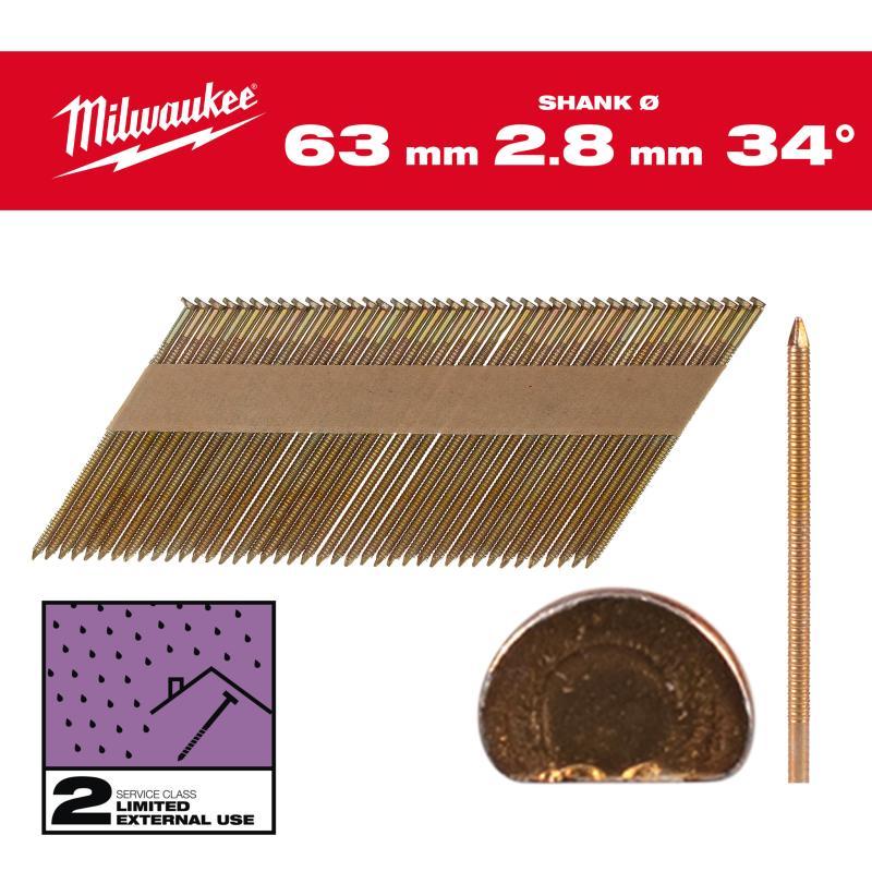 Chiodi 34° Testa D - Milwaukee — CHIODI D 34/7.4x2.8/63mm/RS/G/SC2 2200pz - Zincato