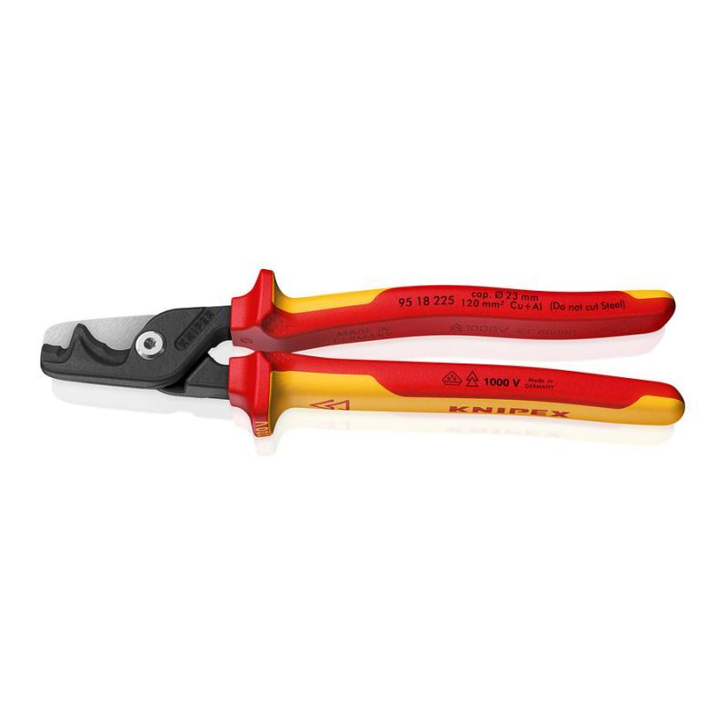 KNIPEX 95 18 225 StepCut® XL Cesoie per cavi con taglio a gradino impugnatura isolante, in materiale bicomponente, collaudato VDE brunita 225 mm