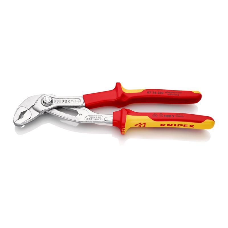KNIPEX 87 26 250 Cobra® VDE Pinza regolabile di nuova generazione per tubi e dadi, isolata isolati con manici rivestiti in materiale bicomponente, collaudati VDE cromata 250 mm
