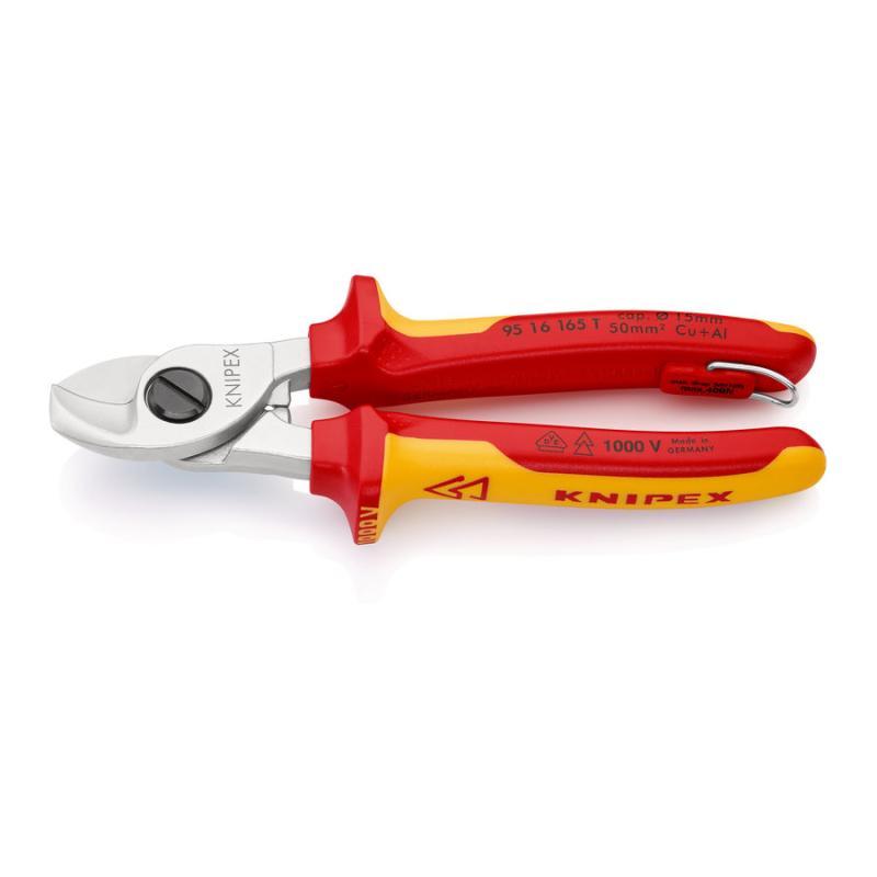 KNIPEX 95 16 165 T Cesoia per cavi isolante con manici rivestiti in materiali bicomponente, collaudati VDE; con anello di fissaggio isolante incorporato per agganciare una protezione anticaduta cromata 165 mm