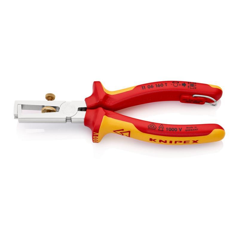 KNIPEX 11 06 160 T Pinza spelacavi con molla di apertura universale isolante con manici rivestiti in materiali bicomponente, collaudati VDE; con anello di fissaggio isolante incorporato per agganciare una protezione anticaduta cromata 160 mm