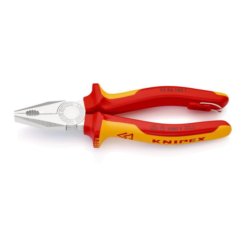 KNIPEX 03 06 180 T Pinza universale isolante con manici rivestiti in materiali bicomponente, collaudati VDE; con anello di fissaggio isolante incorporato per agganciare una protezione anticaduta cromata 180 mm
