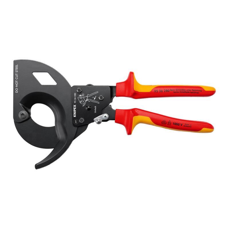 KNIPEX 95 36 280 Cesoia a cremagliera (sistema a cricchetto) isolati con manici rivestiti in materiale bicomponente, collaudati VDE atramentata nera 280 mm in blister