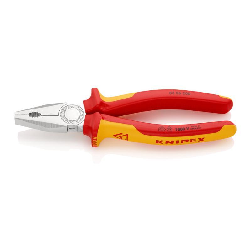 KNIPEX 03 06 200 Pinza universale isolati con manici rivestiti in materiale bicomponente, collaudati VDE cromata 200 mm