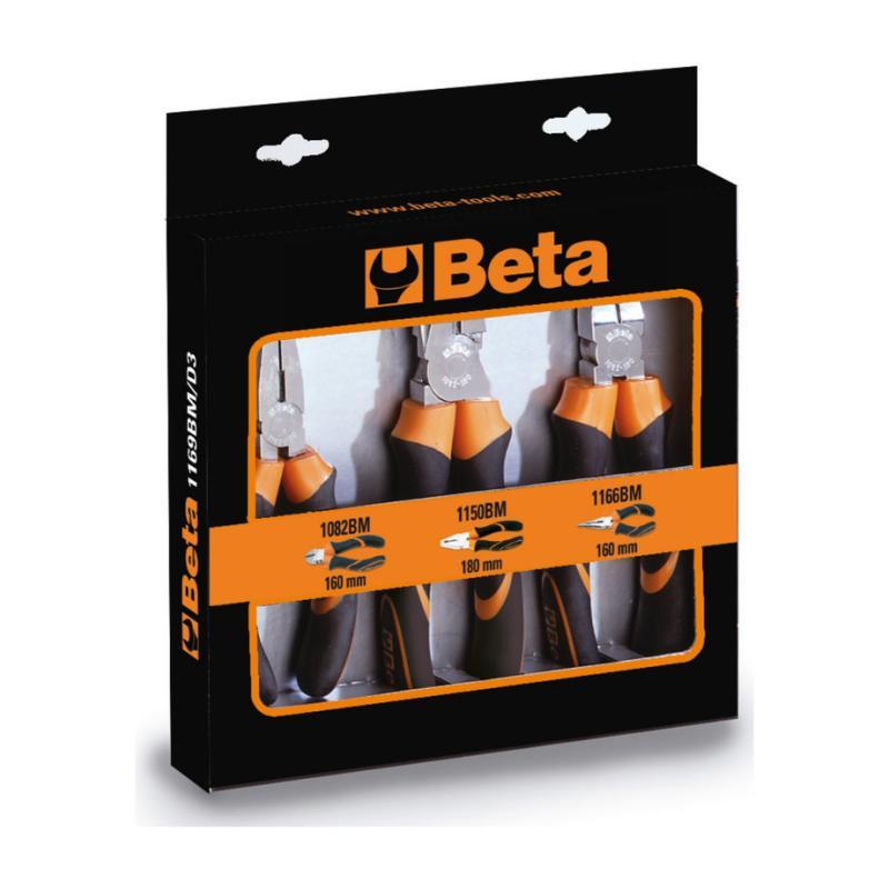 Assortimento Di 1 Pinza Universale, 1 Pinza Becchi Mezzotondi Lunghi E 1 Tronchese, Impugnatura Bimateriale Cromati 1169BM/D3 Beta 011690133