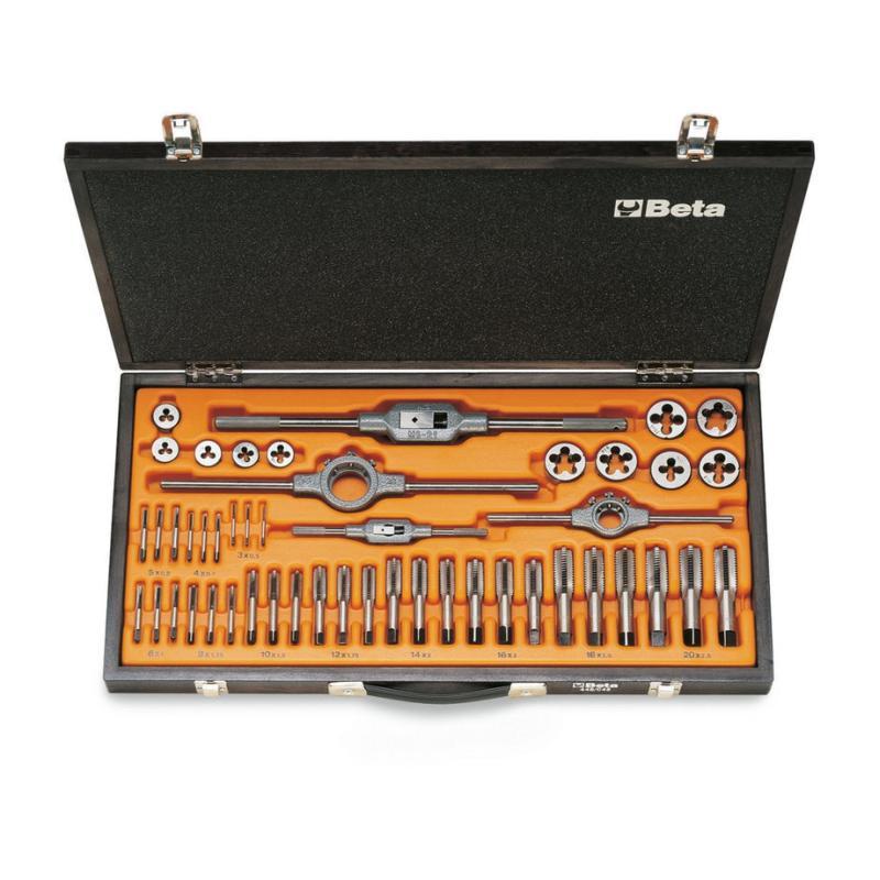 Assortimento Di Maschi E Filiere Con Accessori In Acciaio Al Cromo Filettatura Metrica In Cassetta Di Legno 446/C48 Beta 004460057