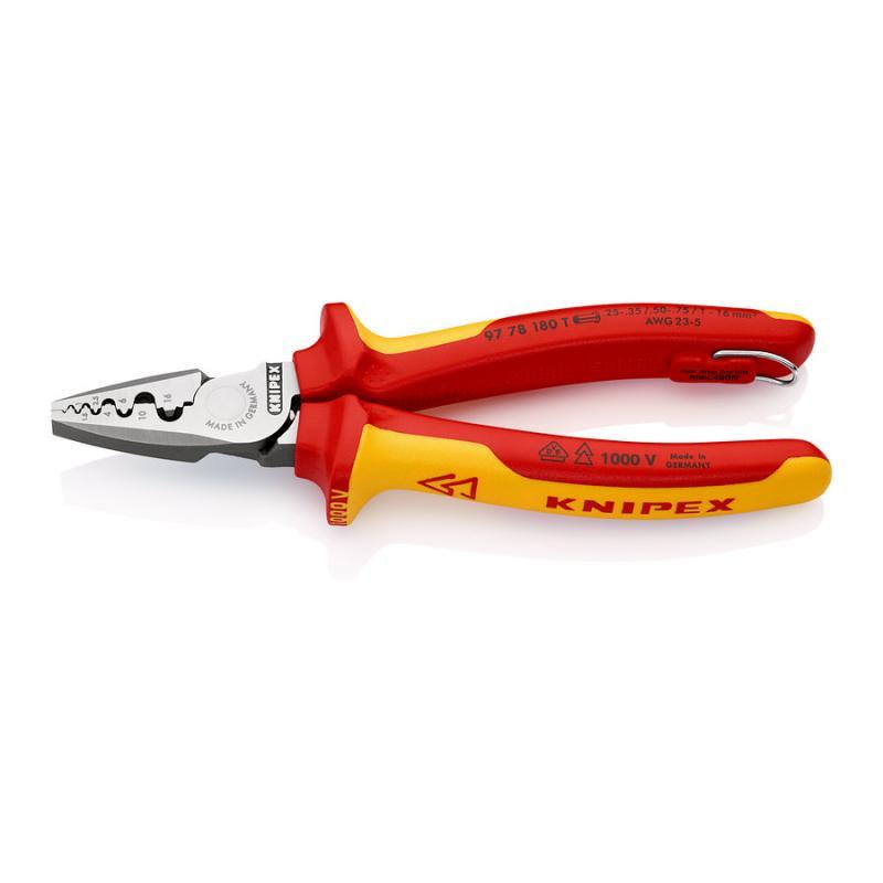 KNIPEX 97 78 180 T Crimpatrici per terminali a bussola isolante con manici rivestiti in materiali bicomponente, collaudati VDE; con anello di fissaggio isolante incorporato per agganciare una protezione anticaduta 180 mm