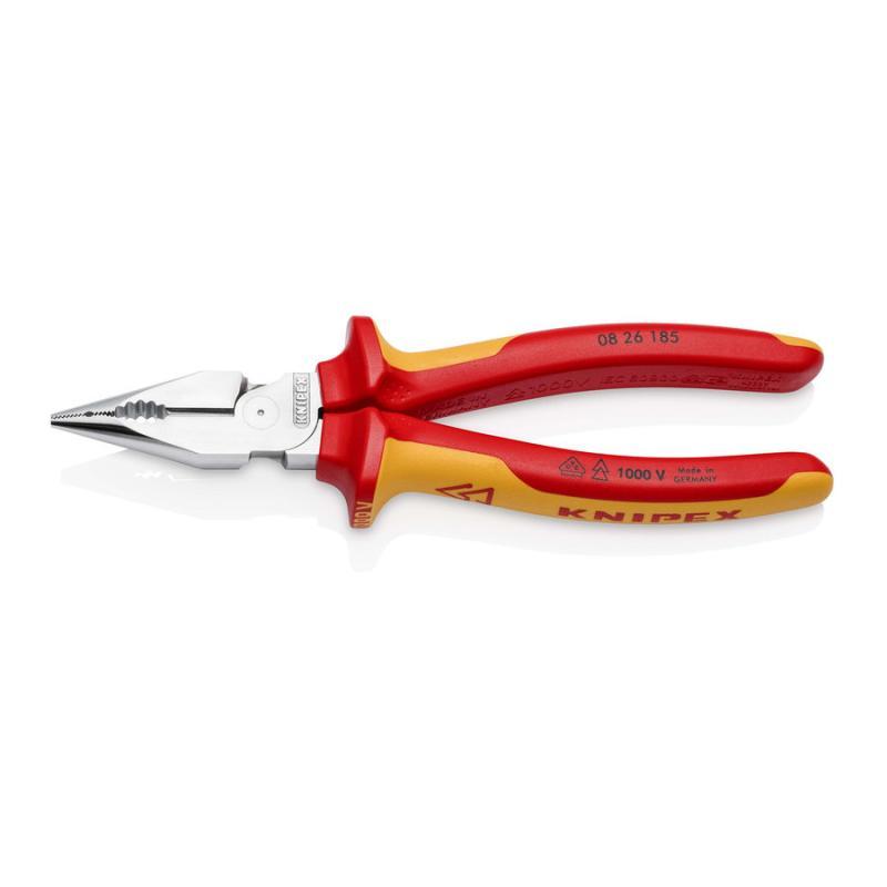 KNIPEX 08 26 185 Pinza universale con testa a punta isolati con manici rivestiti in materiale bicomponente, collaudati VDE cromata 185 mm