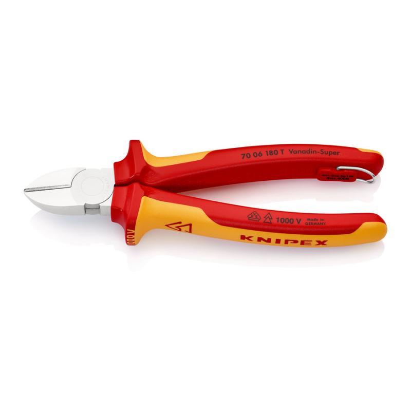 KNIPEX 70 06 180 T Tronchese laterale isolante con manici rivestiti in materiali bicomponente, collaudati VDE; con anello di fissaggio isolante incorporato per agganciare una protezione anticaduta cromata 180 mm