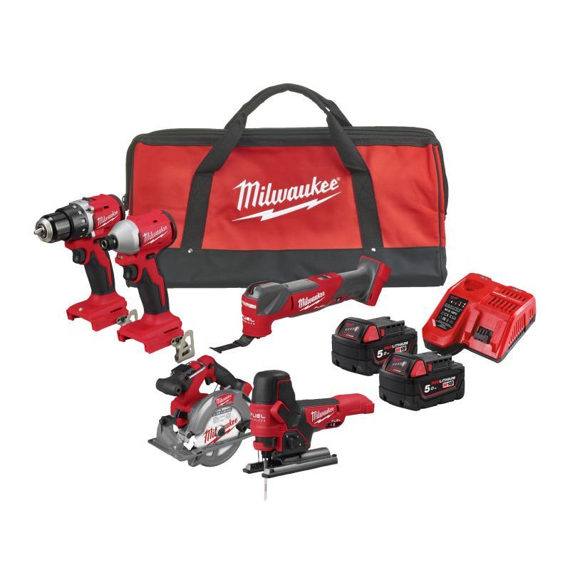 Kit M18 Brushless Trapano E Avv Impulsi 1/4 Hex E Sega Circolare E Multifunzione E Seghetto Alternativo Blddrc + Blidrc + Fcs552 + Bmt + Fbjs - M18 BLCPP5A-502B - Milwaukee 4933492838