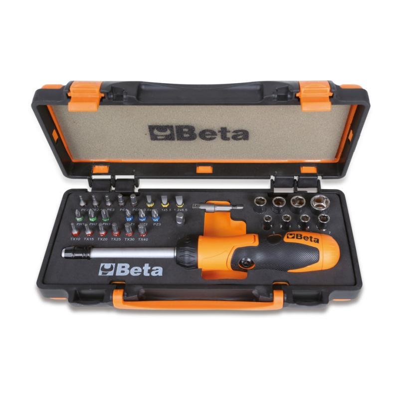 1 Portainserti Con Impugnatura A Cricchetto Reversibile, 27 Inserti Per Avvitatori,8 Bussole Esagonali E 2 Accessori In Cassetta Di Lamiera Con Termoformato Morbido 860/C38P Beta 008600878