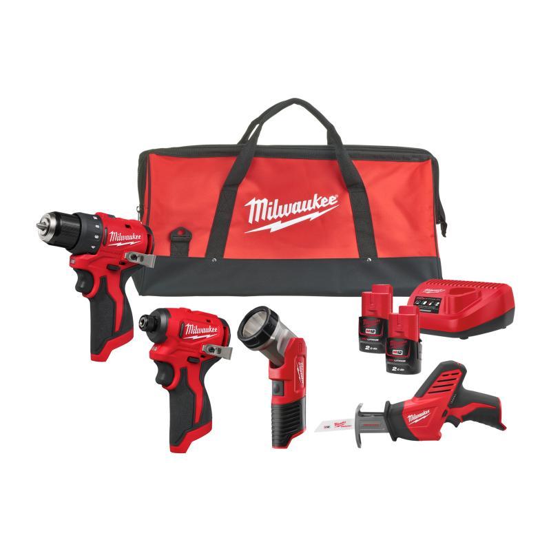 Kit M12™ Brushless Trapano avvitatore compatto + Avvitatore ad impulsi 1/4'' Hex + Seghetto diritto con spazzole + Torcia (12V) Blddrc + Blidrc + Hz + Tled - M12 BLPP4A-202B - Milwaukee 4933499693