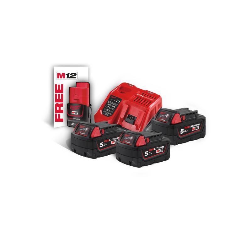 Energy Kit M18: 3 Batterie 5 Ah, 1 Caricabatterie, 1 Batteria M12 B2 Extra - M18 NRG-503 - Milwaukee 4933451423