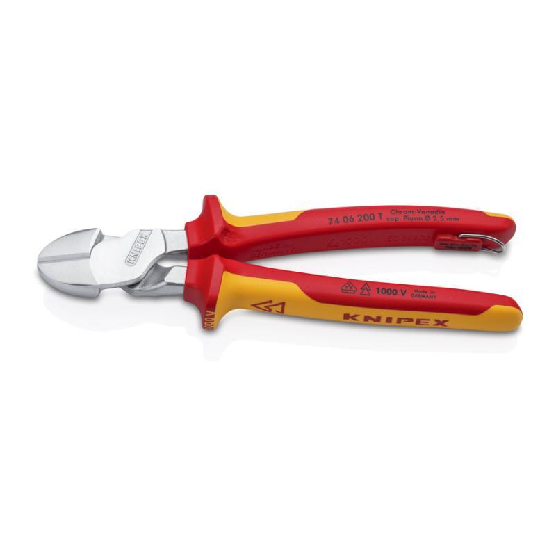 KNIPEX 74 06 200 T Tronchese laterale per meccanica tipo forte isolati con impugnature bicomponente e anello di fissaggio integrato, testato VDE cromata 200 mm