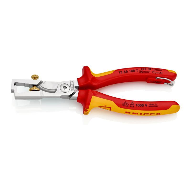 KNIPEX 13 66 180 T StriX® Pinze spelacavi con cesoia per cavi isolante con manici rivestiti in materiali bicomponente, collaudati VDE; con anello di fissaggio isolante incorporato per agganciare una protezione anticaduta cromata 180 mm