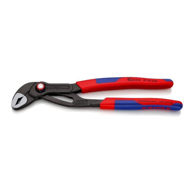 KNIPEX 87 22 250 SB Cobra® QuickSet Pinza regolabile di nuova generazione per tubi e dadi rivestiti in materiale bicomponente, forma affusolata bonderizzata grigia 250 mm in confezione Self-service