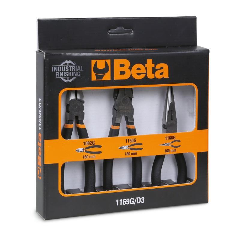 Assortimento Di 1 Pinza Universale, 1 Pinza Becchi Mezzotondi Lunghi E 1 Tronchese, Con 2 Strati Di Pvc Antiscivolo Con Finitura Industriale 1169G/D3 Beta 011690073