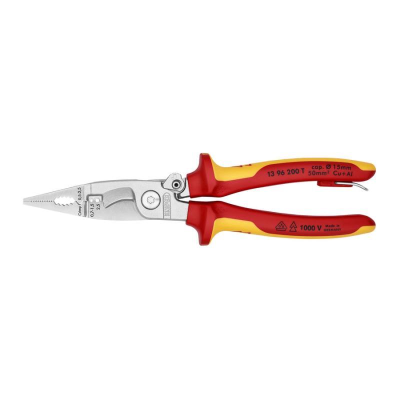 KNIPEX 13 96 200 T Pinza per elettroinstallazioni isolante con manici rivestiti in materiali bicomponente, collaudati VDE; con anello di fissaggio isolante incorporato per agganciare una protezione anticaduta cromata 200 mm