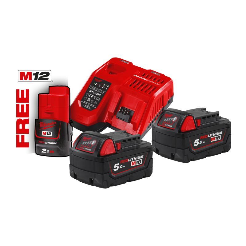 Energy Kit M18: 2 Batterie 5 Ah, 1 Caricabatterie, 1 Batteria M12 B2 Extra - M18 NRG-502 - Milwaukee 4933459217