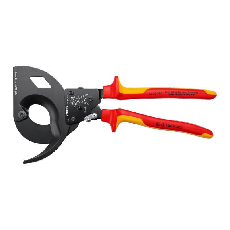 KNIPEX 95 36 320 Cesoia a cremagliera (sistema a cricchetto, 3 fasi) isolati con manici rivestiti in materiale bicomponente, collaudati VDE atramentata nera 320 mm in blister