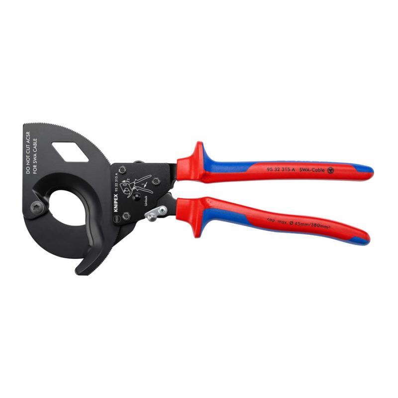 KNIPEX 95 32 315 A Cesoia a cremagliera (sistema a cricchetto) per cavo a nastro d'acciaio (cavo SWA) con impugnature multicomponente verniciata nera 315 mm in blister