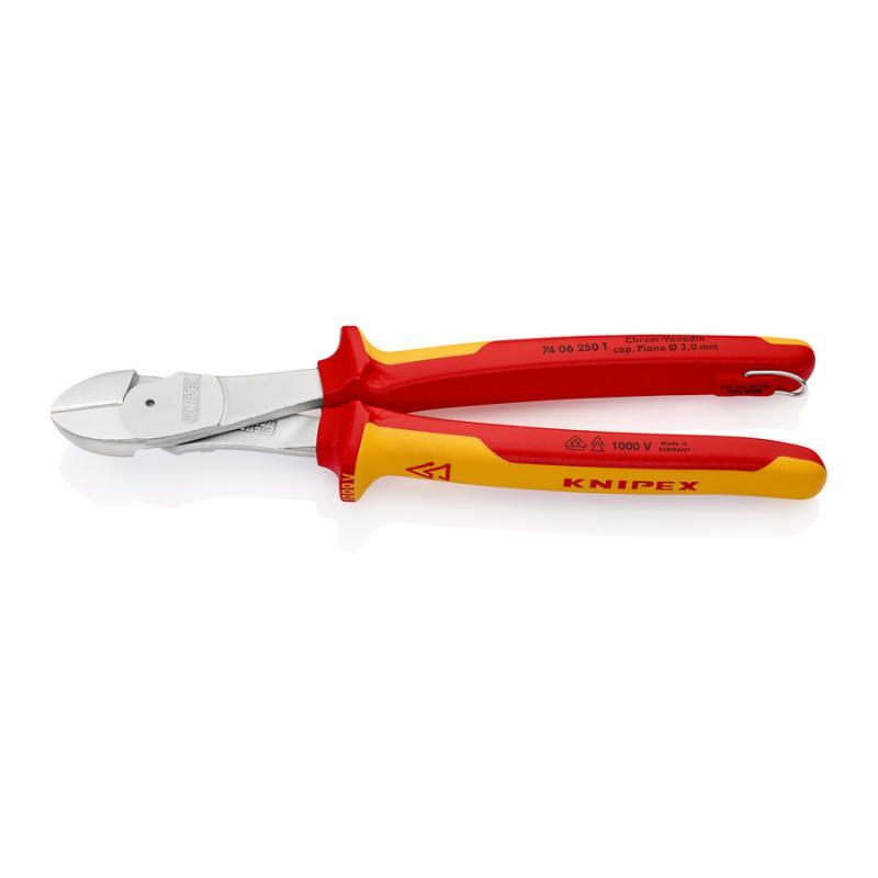 KNIPEX 74 06 250 T Tronchese laterale per meccanica tipo forte isolante con manici rivestiti in materiali bicomponente, collaudati VDE; con anello di fissaggio isolante incorporato per agganciare una protezione anticaduta cromata 250 mm